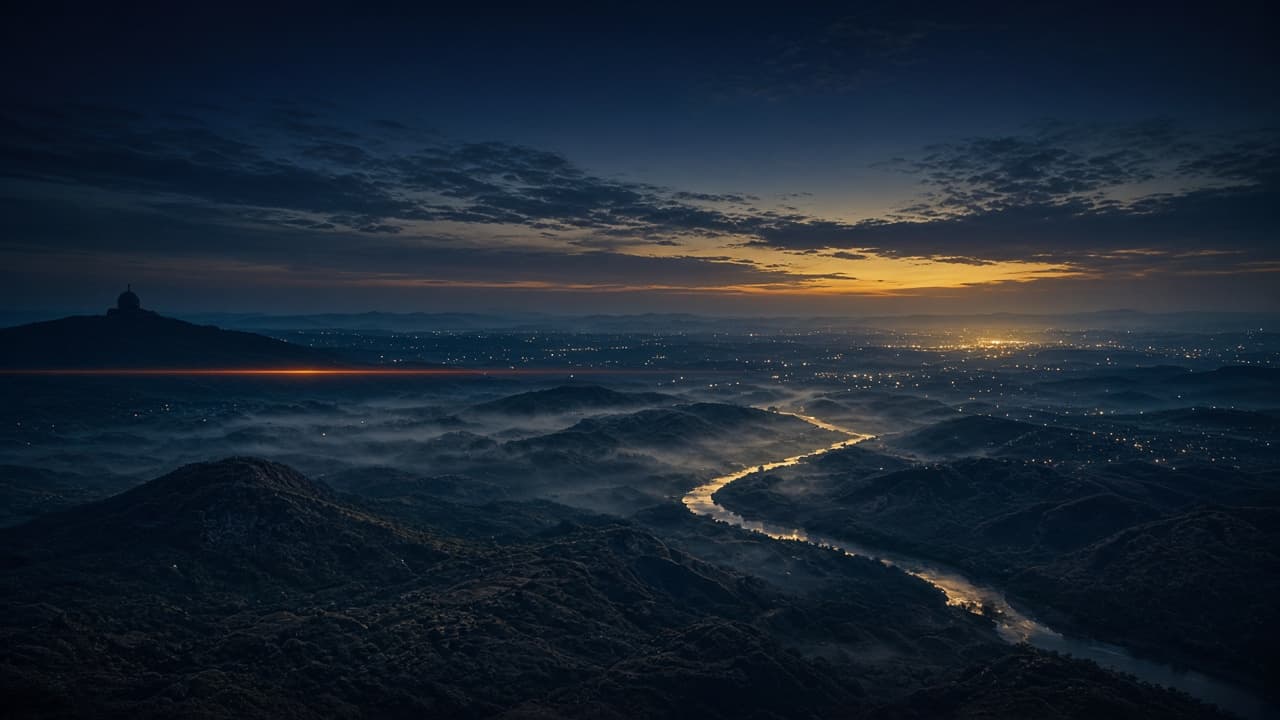 Dusk over a river valley, the Srahira observatory sky
